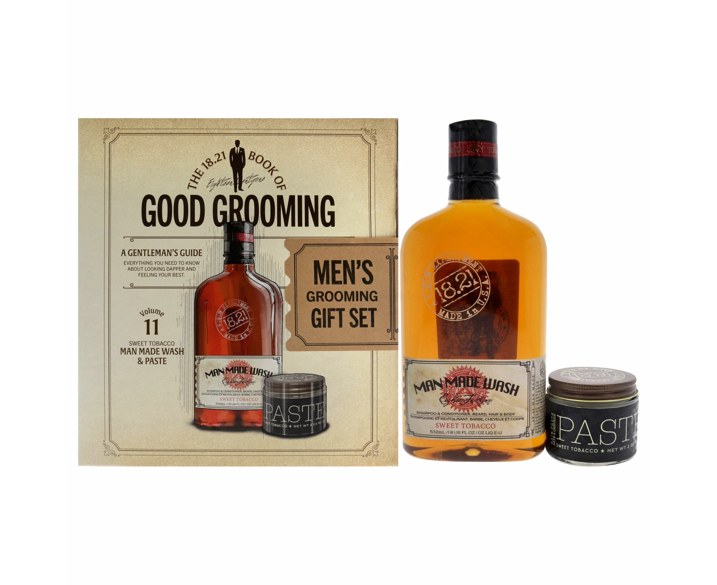 18.21 Man Made Book of Good Grooming Volume 11 Set - Sweet Tobacco for Men 2 Pc 18oz Man Made Wash 3-In-1 Shampoo, Conditioner and Body Wash