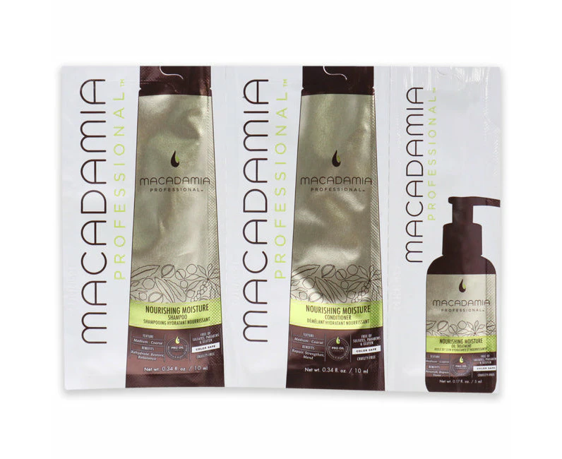 Macadamia Oil Professional Nourishing Moisture Set by Macadamia Oil for Unisex - 3 Pc Kit 0.34oz Shampoo, 0.34oz Conditioner, 0.17oz Oil Treatment