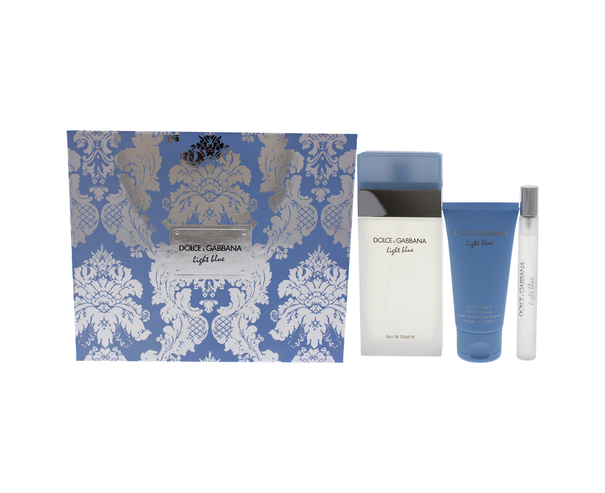 Dolce and Gabbana Light Blue For Women 3 Pc Gift Set 3.3oz EDT Spray, 10ml EDT Spray, 1.6oz Body Cream