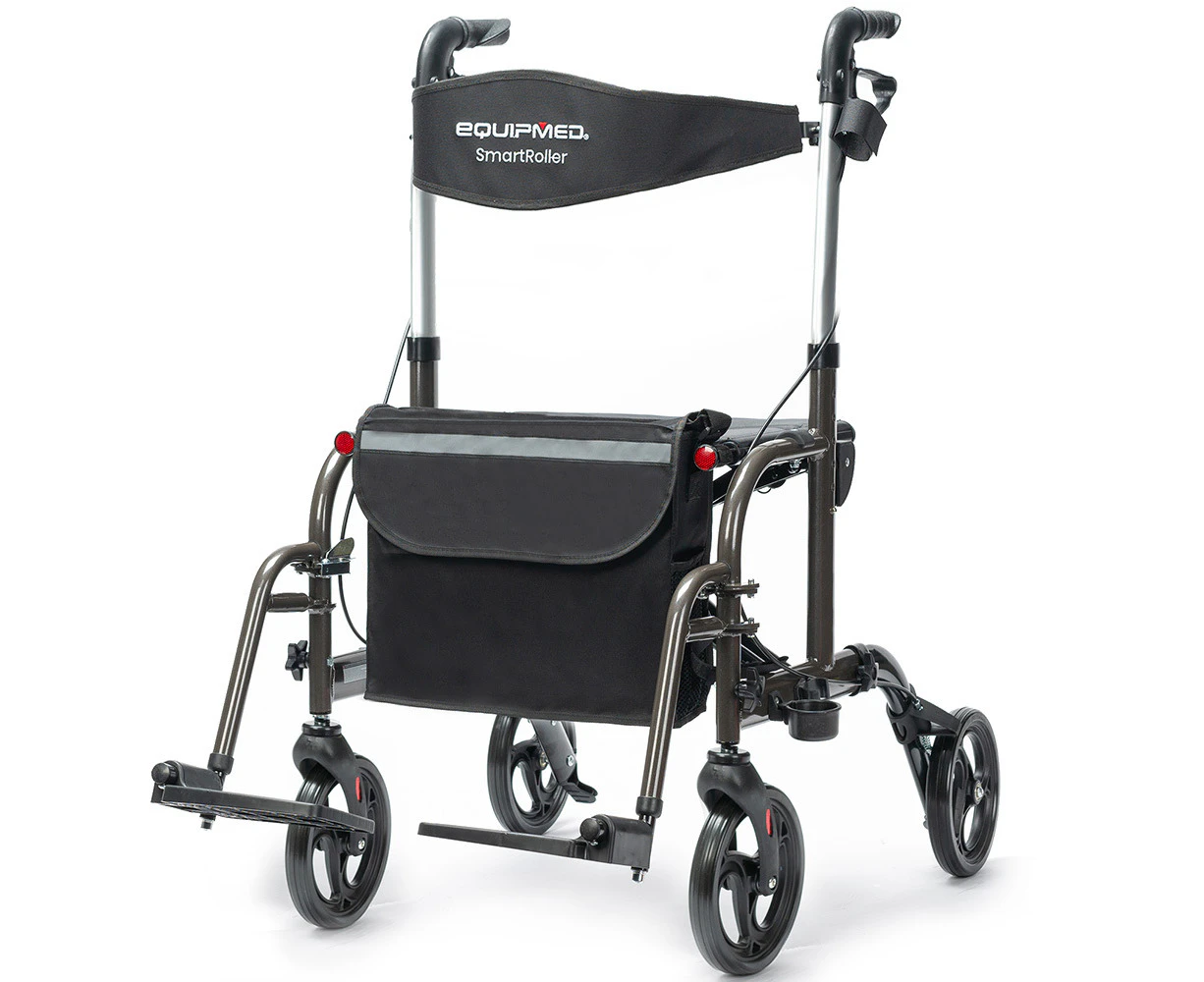 EQUIPMED 2-in-1 Foldable Aluminium Walking Frame Rollator and Transit Wheelchair with Bag, Titanium colour