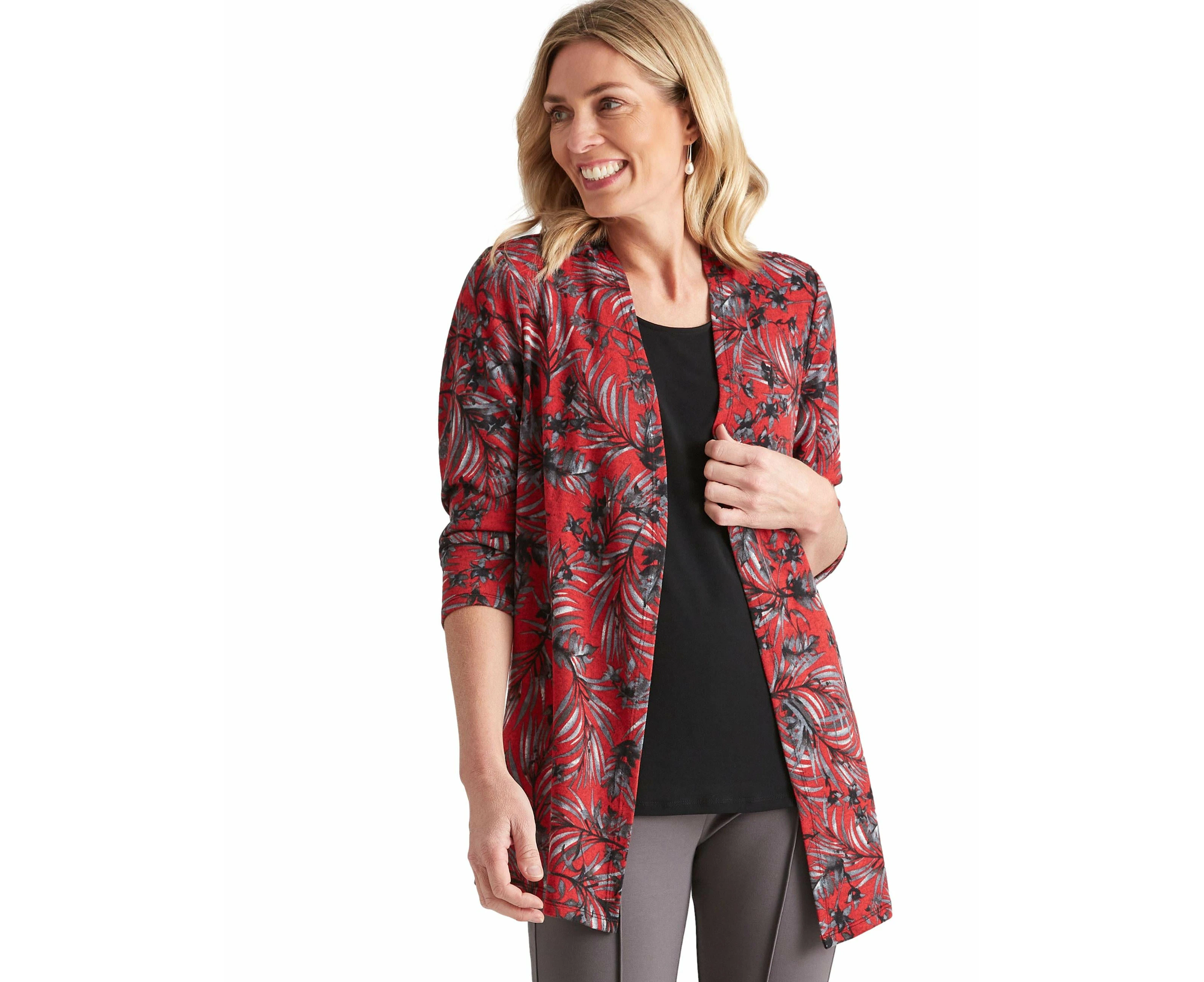 Noni B - Womens Long Jacket - Red Winter Coat - Floral - Button - Twinset Top - 3/4 Sleeve - True Red - Blazer - Elastane Lightweight Casual Work Wear