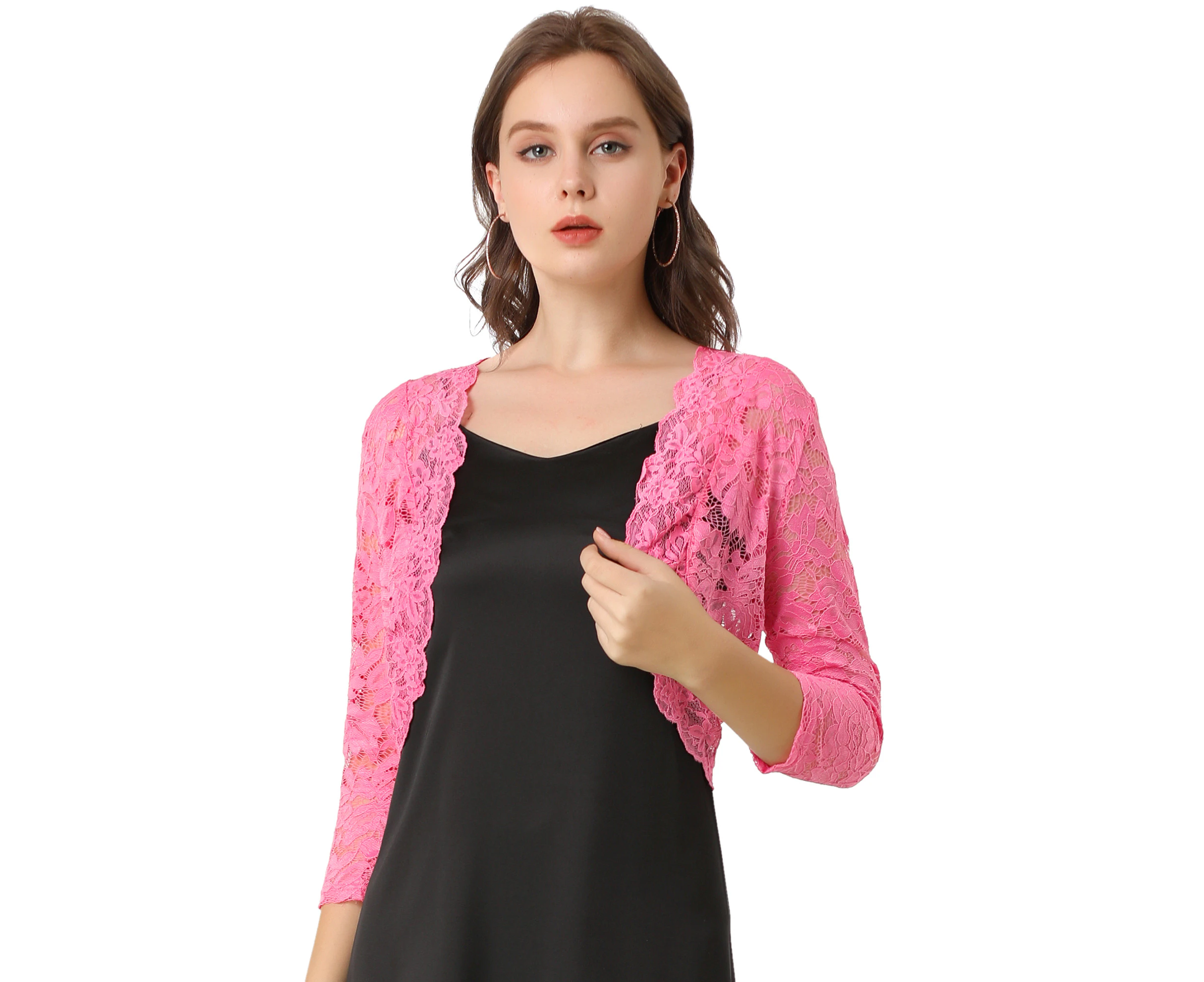 Allegra K Elegant 3/4 Sleeve Sheer Floral Lace Shrug Pink