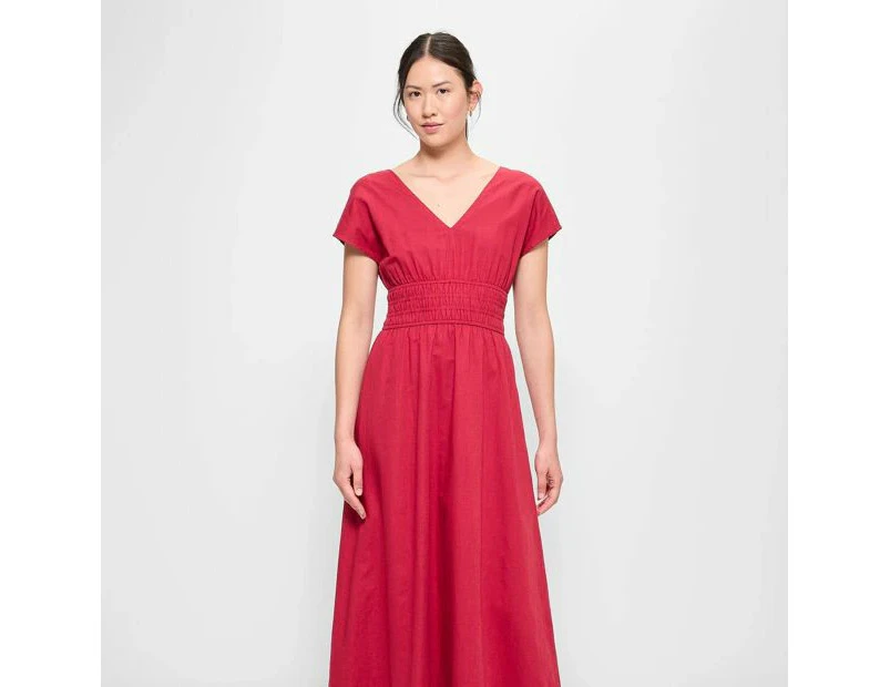 Linen Blend V-Neck Shirred Waist Midi Dress - Preview