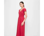 Linen Blend V-Neck Shirred Waist Midi Dress - Preview