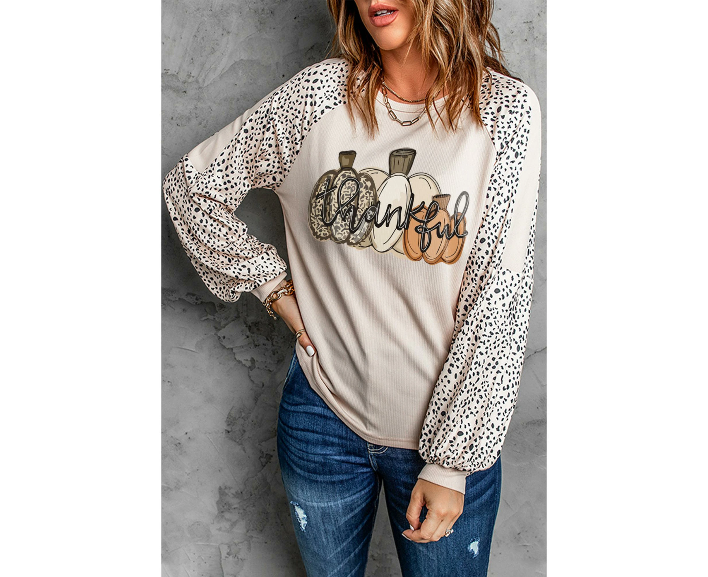 Azura Exchange Thankful Leopard Print Long Sleeve Top - Khaki