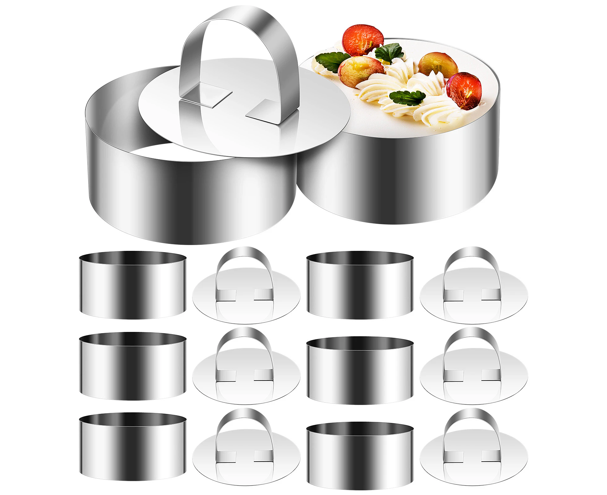 8 Sets Round Cake Rings Cake Molds Stainless Steel Dessert Mousse Rings with Pushers for Baking