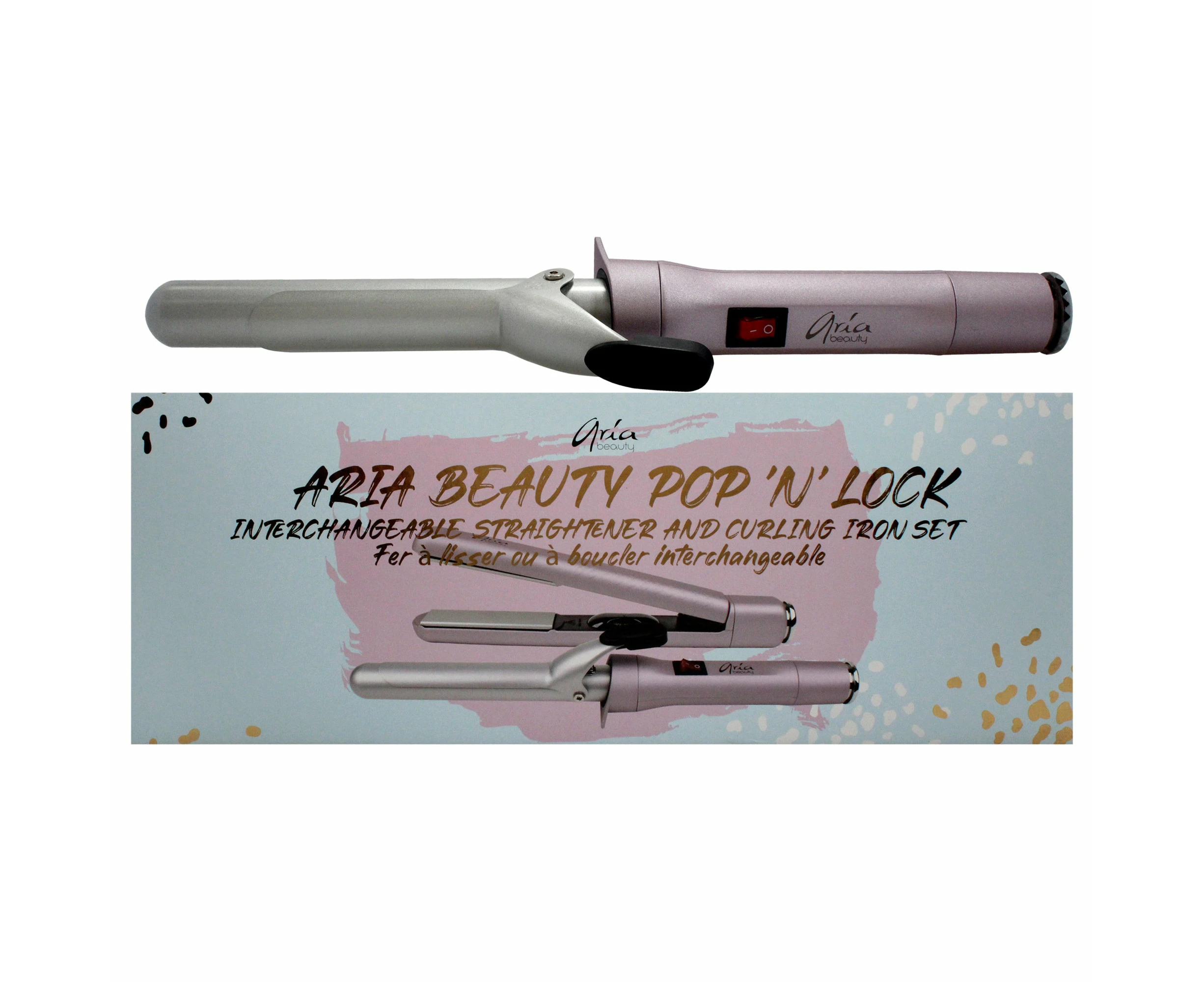 Pop N Lock Interchangeable Straightener and Curling Iron Set by Aria Beauty for Women - 2 Pc 1 Inch Flat Iron, 1 Inch Curling Iron