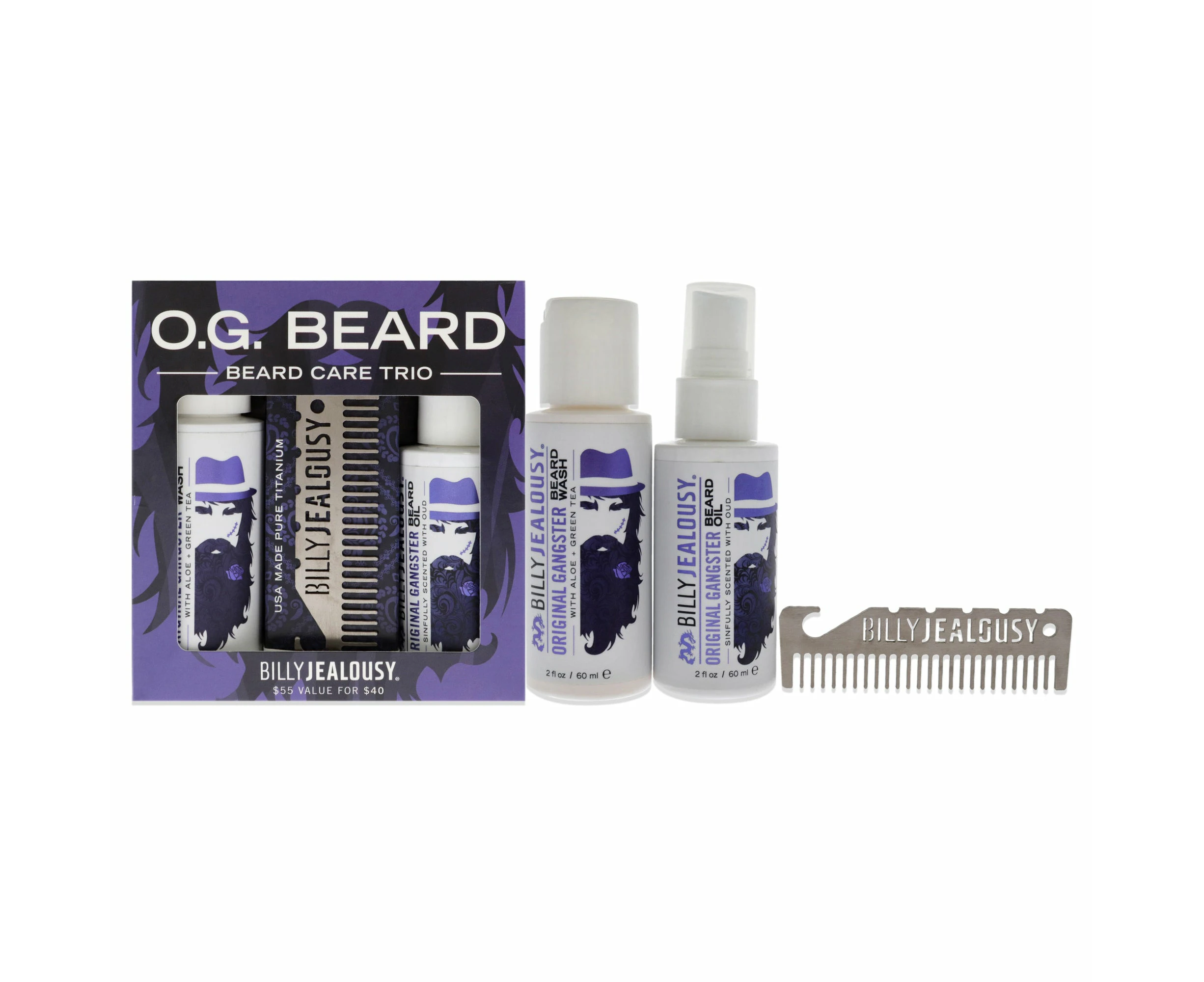 Billy Jealousy O.G. Beard Care Trio by Billy Jealousy for Men - 3 Pc 2oz Beard Wash, 2oz O.G Beard Oil, Titanium Comb