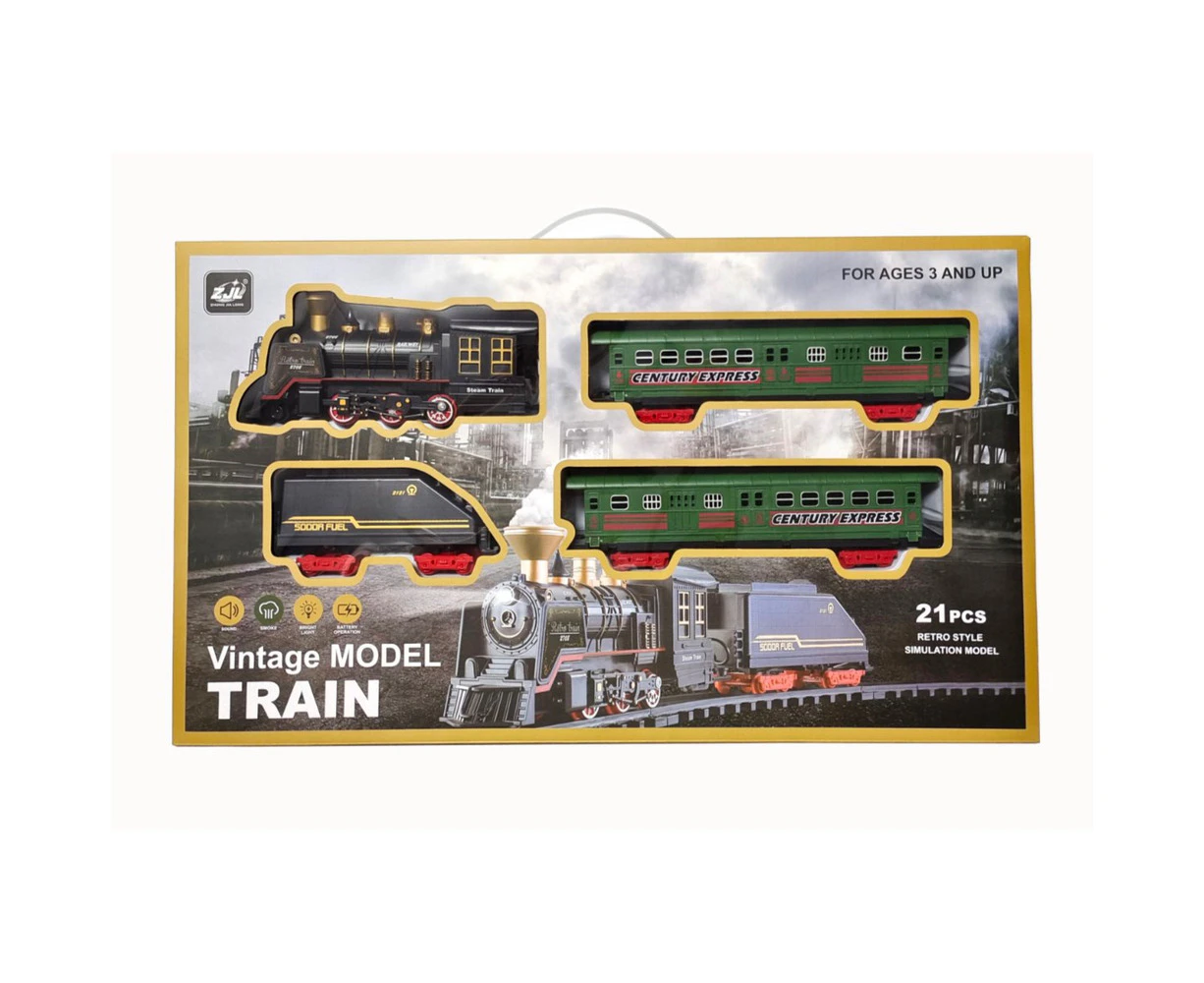 Battery Operated 21 Piece Vintage Train Set With Smoke Engine Model