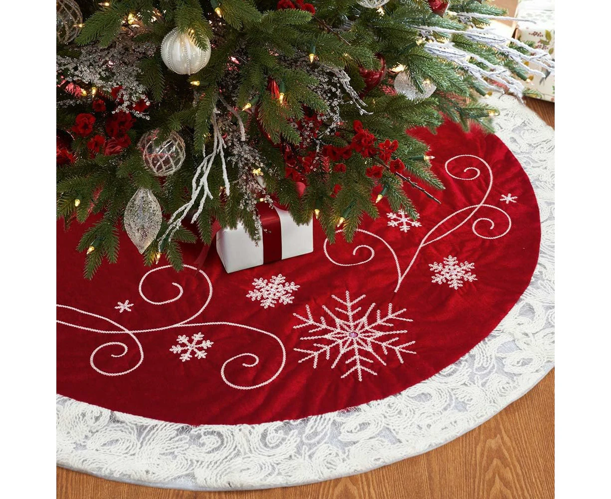 Red Christmas Tree Skirt 48 Inches Snow Sequin Embroidery with White Trim Border Decor for Xmas Holiday Party Ornaments