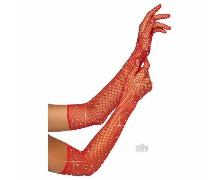 Elegant Rhinestone Fishnet Opera Gloves In Red For Women Model O/s