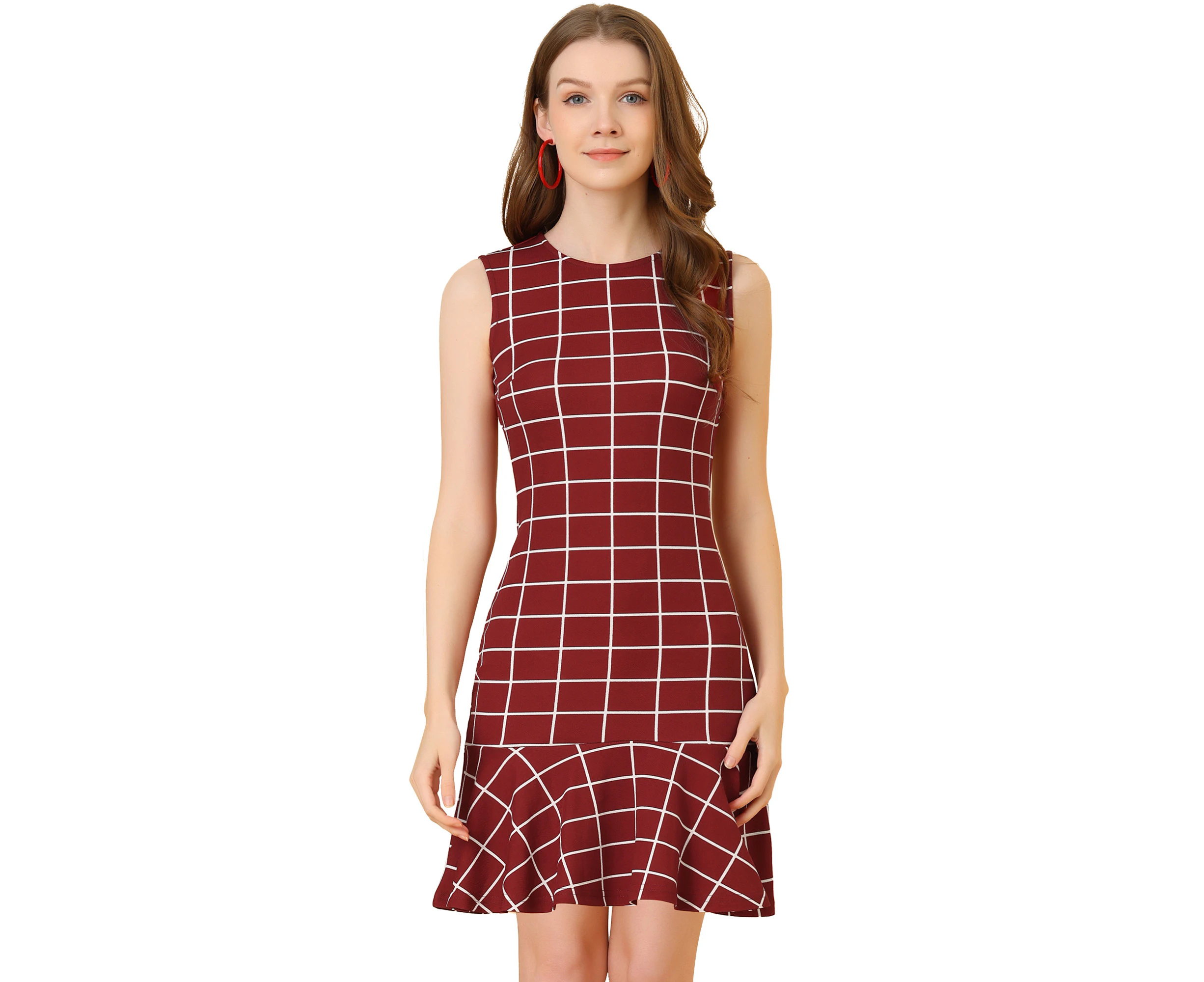 Allegra K Vintage Sleeveless Ruffle Hem Above the Knee Plaid Dress Red