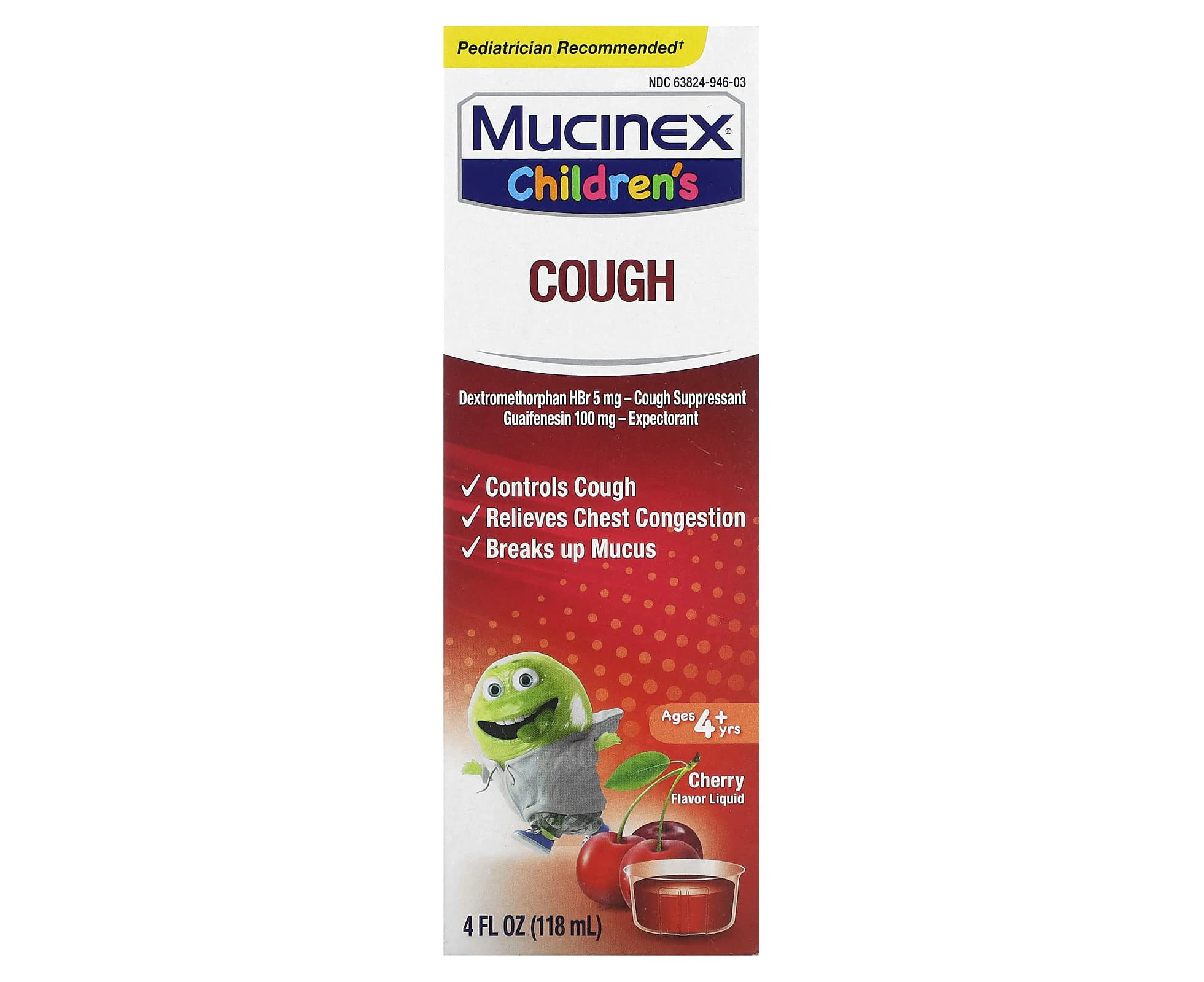 Mucinex, Children's, Cough, Ages 4+ Yrs, Cherry, 4 fl oz (118 ml)