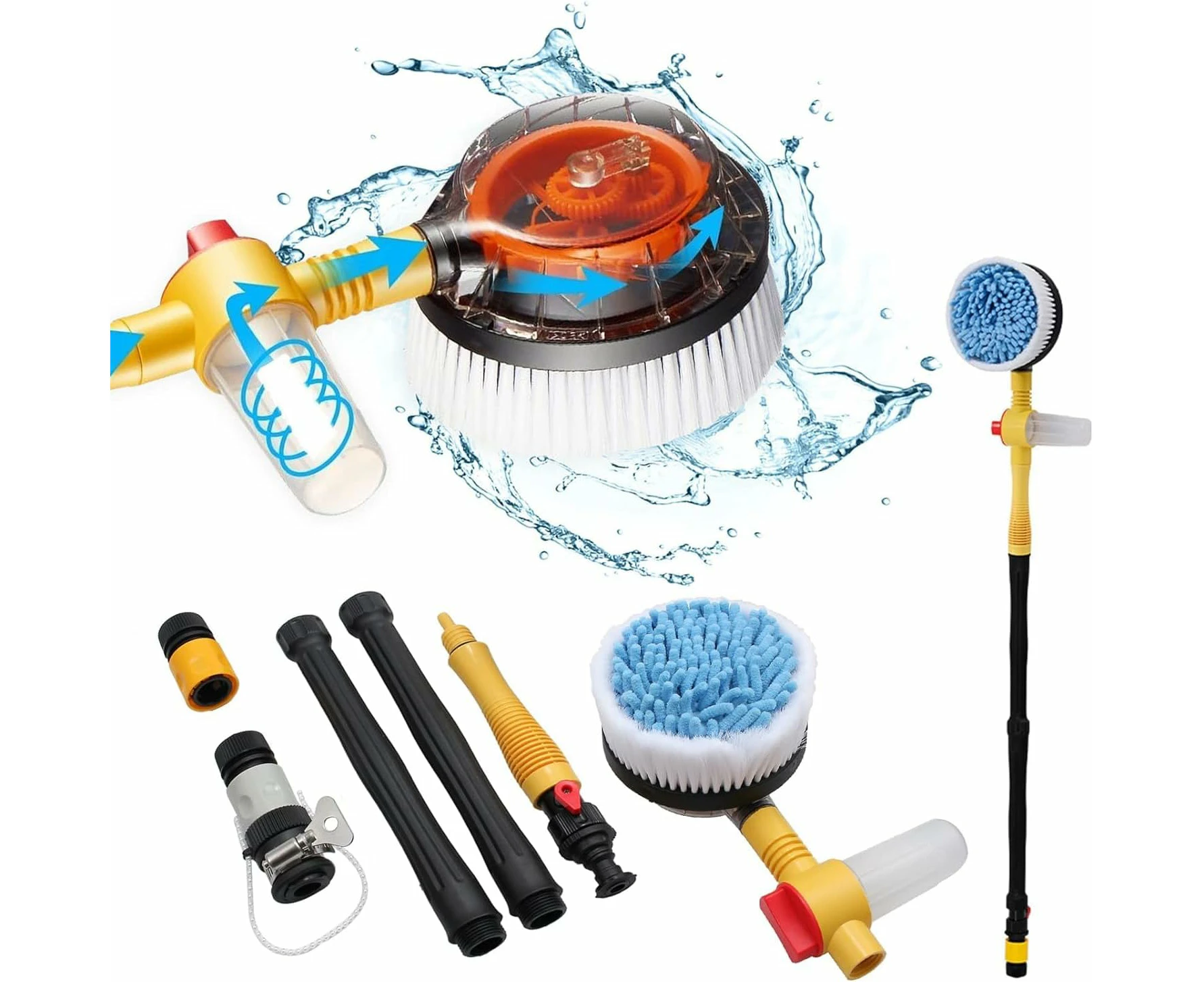 Rotating Car Wash Brush, High Pressure Foam Brush with Soap Dispenser & Hose Attachment - Automatic Car Cleaner & Styling Tool