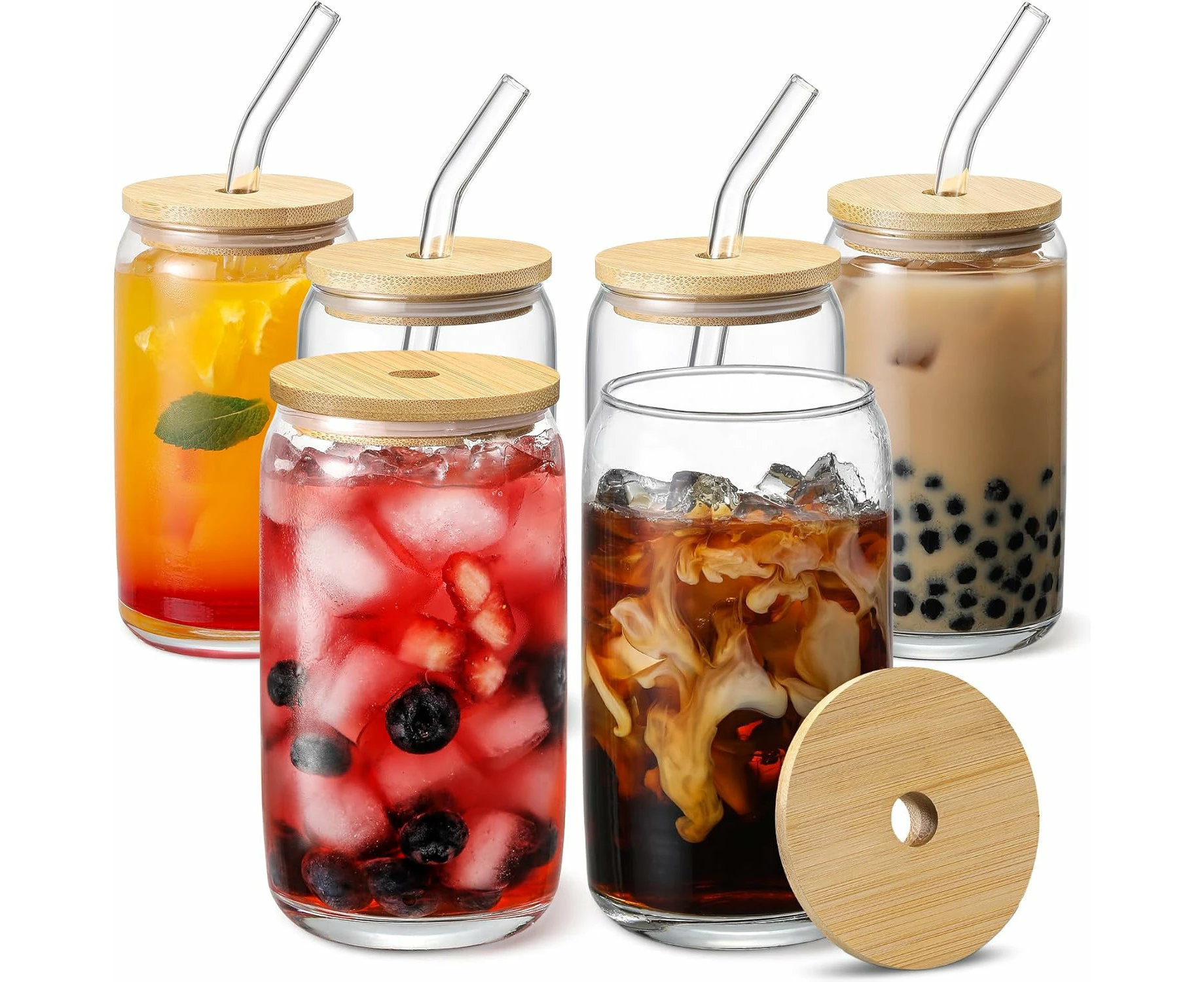 [ 6pcs Set ] Glass Cups with Bamboo Lids and Glass Straw - Beer Can Shaped Drinking Glasses, 16 oz Iced Coffee Glasses, Cute Tumbler Cup for