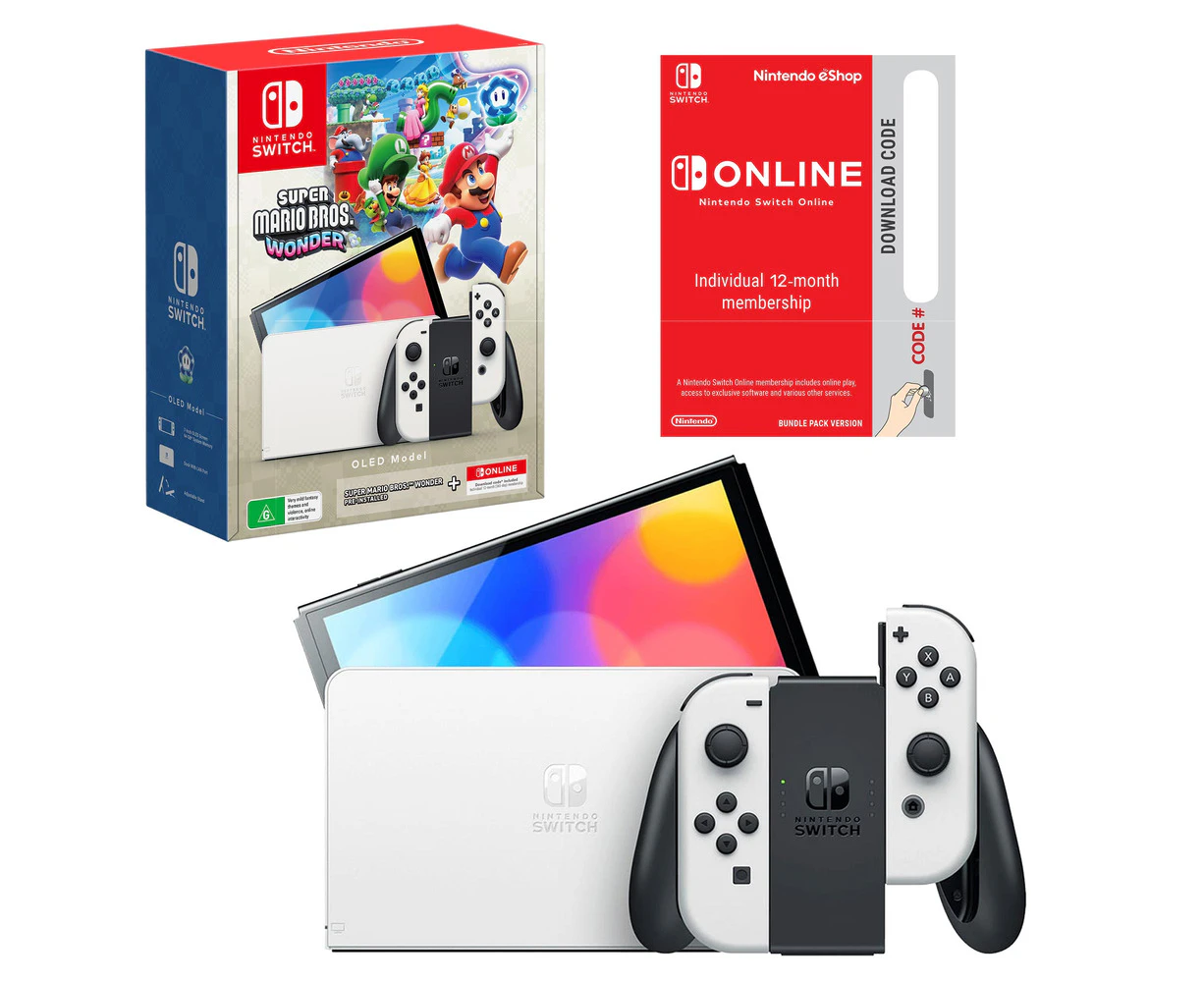 Nintendo Switch OLED Model White Console with Super Mario Bros. Wonder and 12 Months Online Membership