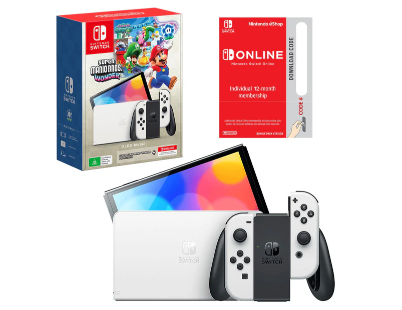 Nintendo Switch OLED Model White Console with Super Mario Bros. Wonder and 12 Months Online Membership