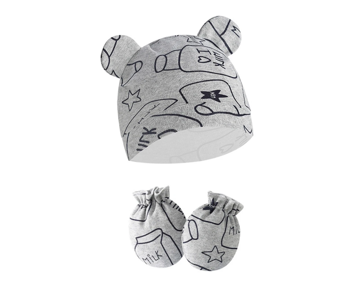 Newborn Baby Hat & Anti Scratch Gloves Set Cotton Headwear Anti-grab Mittens - Gray Bottle