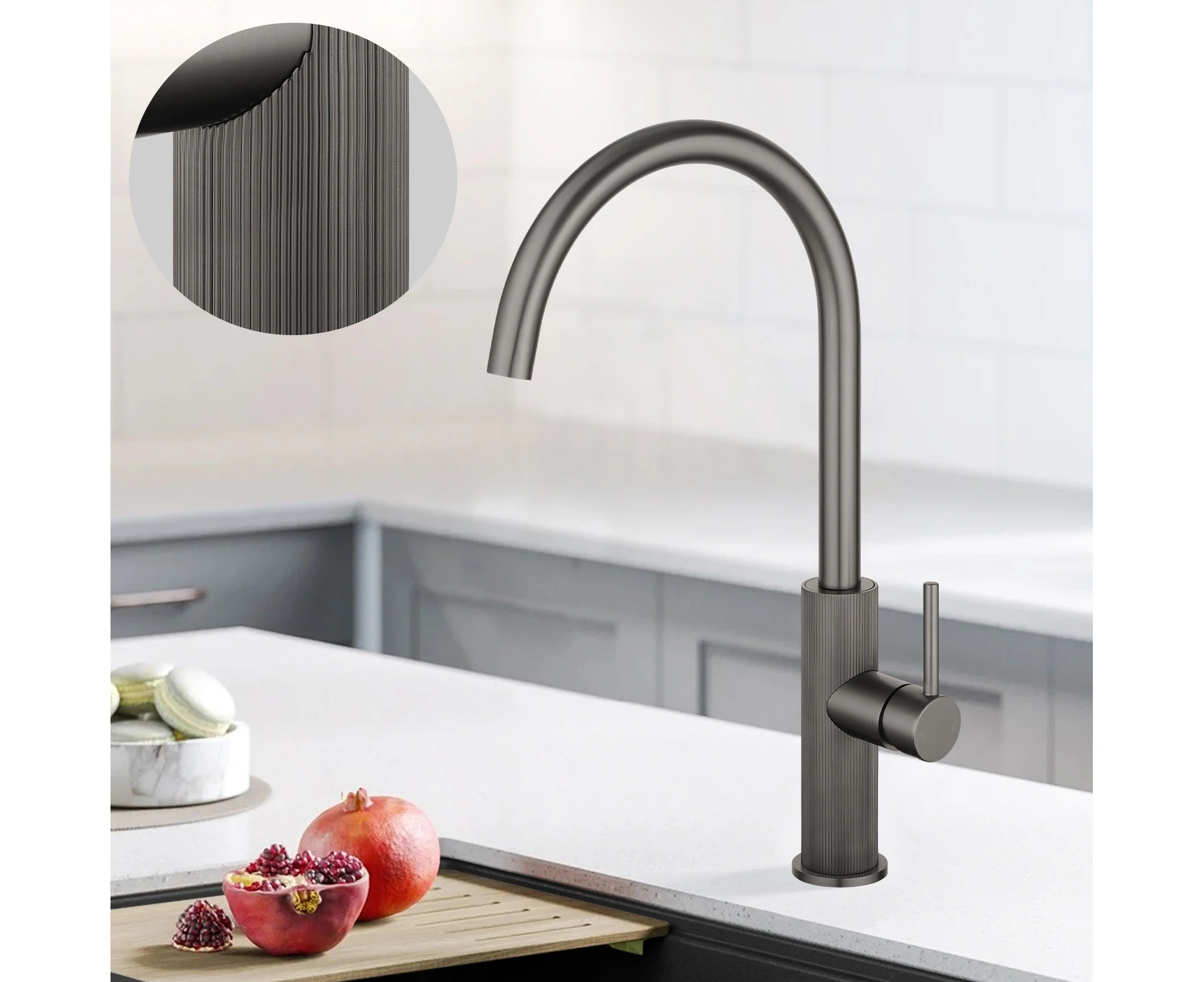 Kitchen Mixer Tap Gunmetal Grey Knurling design Swivel Gooseneck Spout Brass Laundry Sink Kitchen Faucets