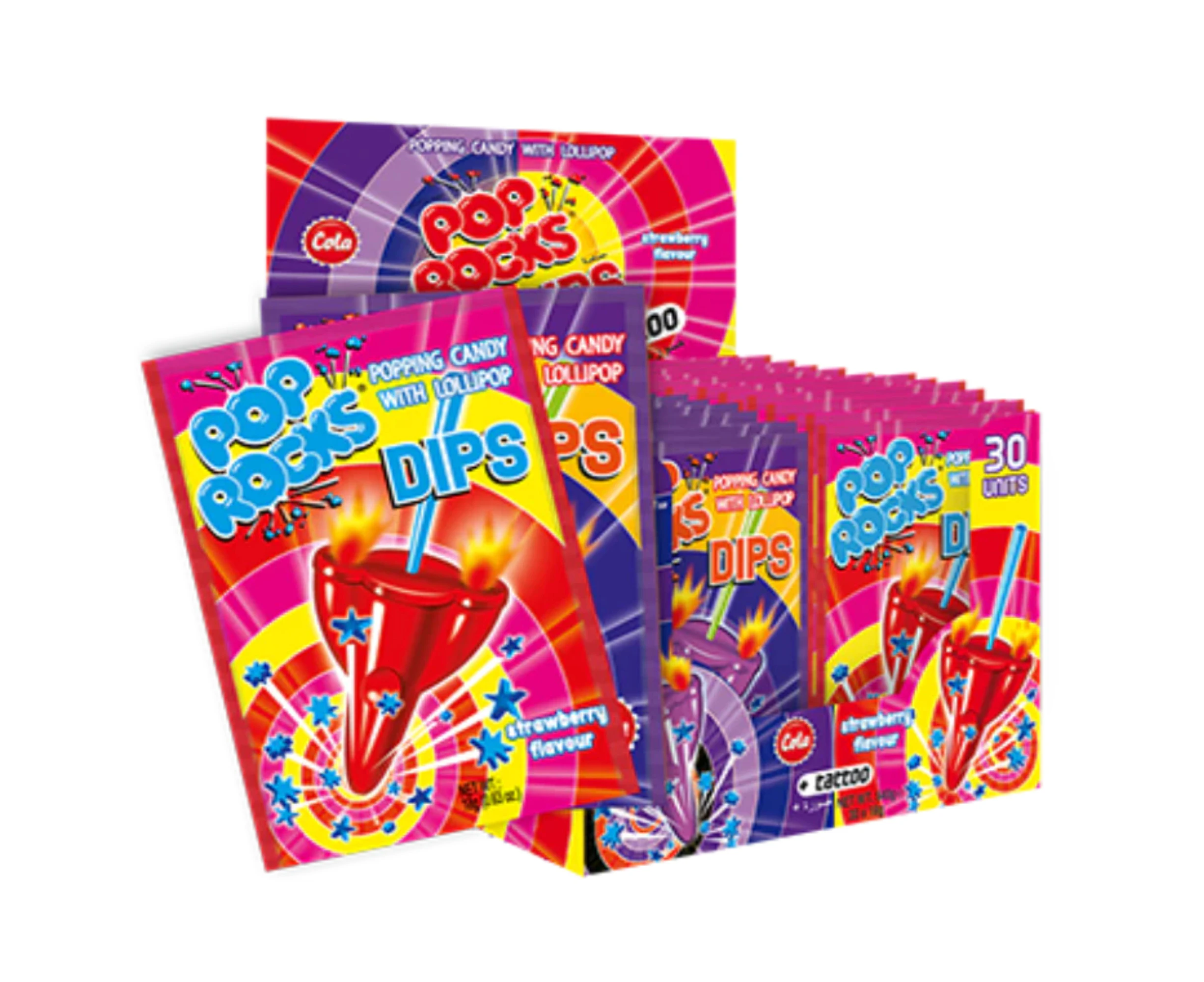 Pop Rocks Popping Candy With Lollipop And Tattoo Strawberry And Cola - 30 Packs