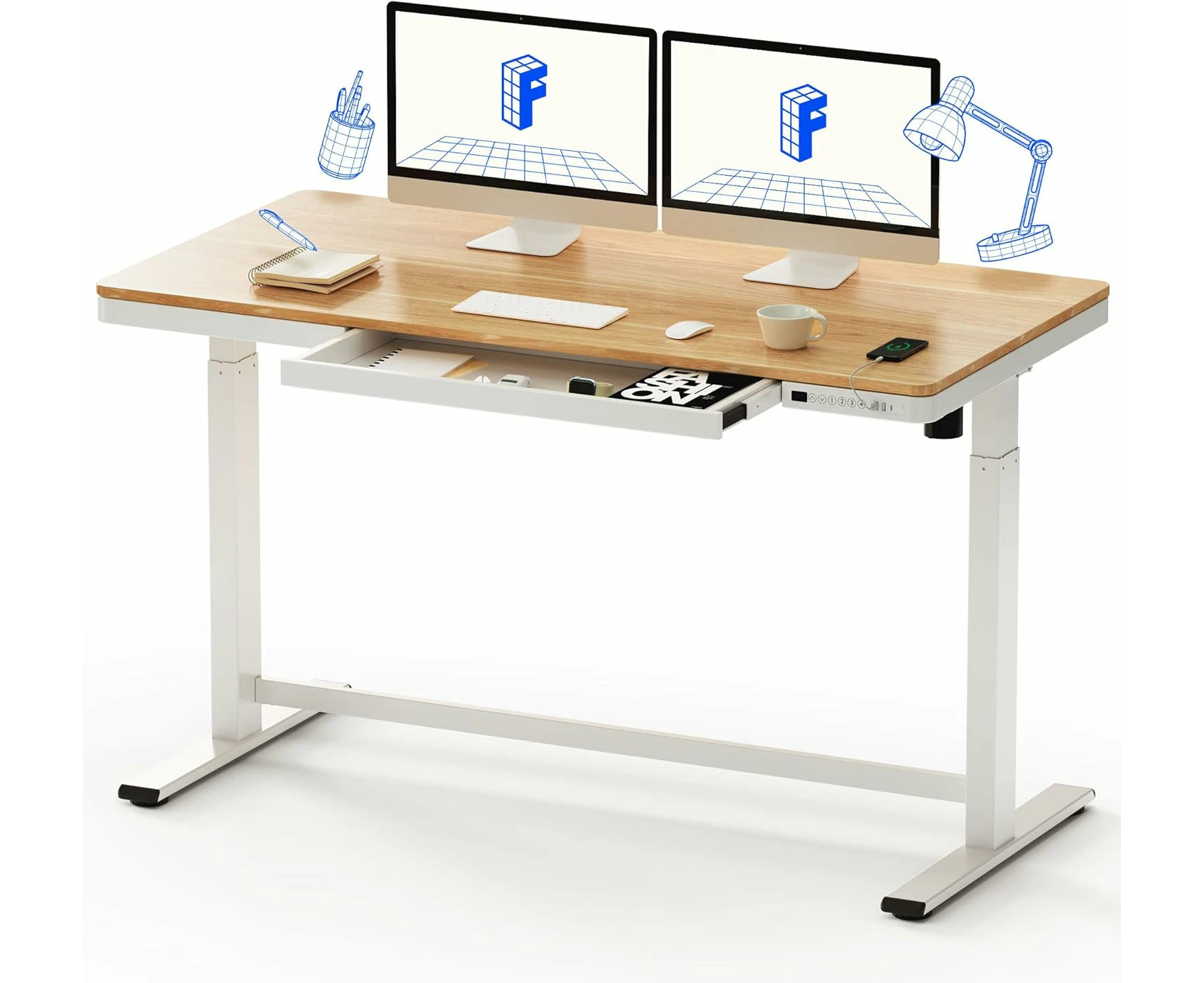 FLEXISPOT Comhar White 140*70cm Electric Standing Desk with Drawer