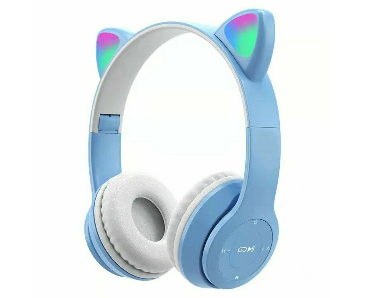 Wireless Bluetooth 5.0 Headset Cat Rabbit Ear LED Headphone w/Mic For Any Phone-Blue