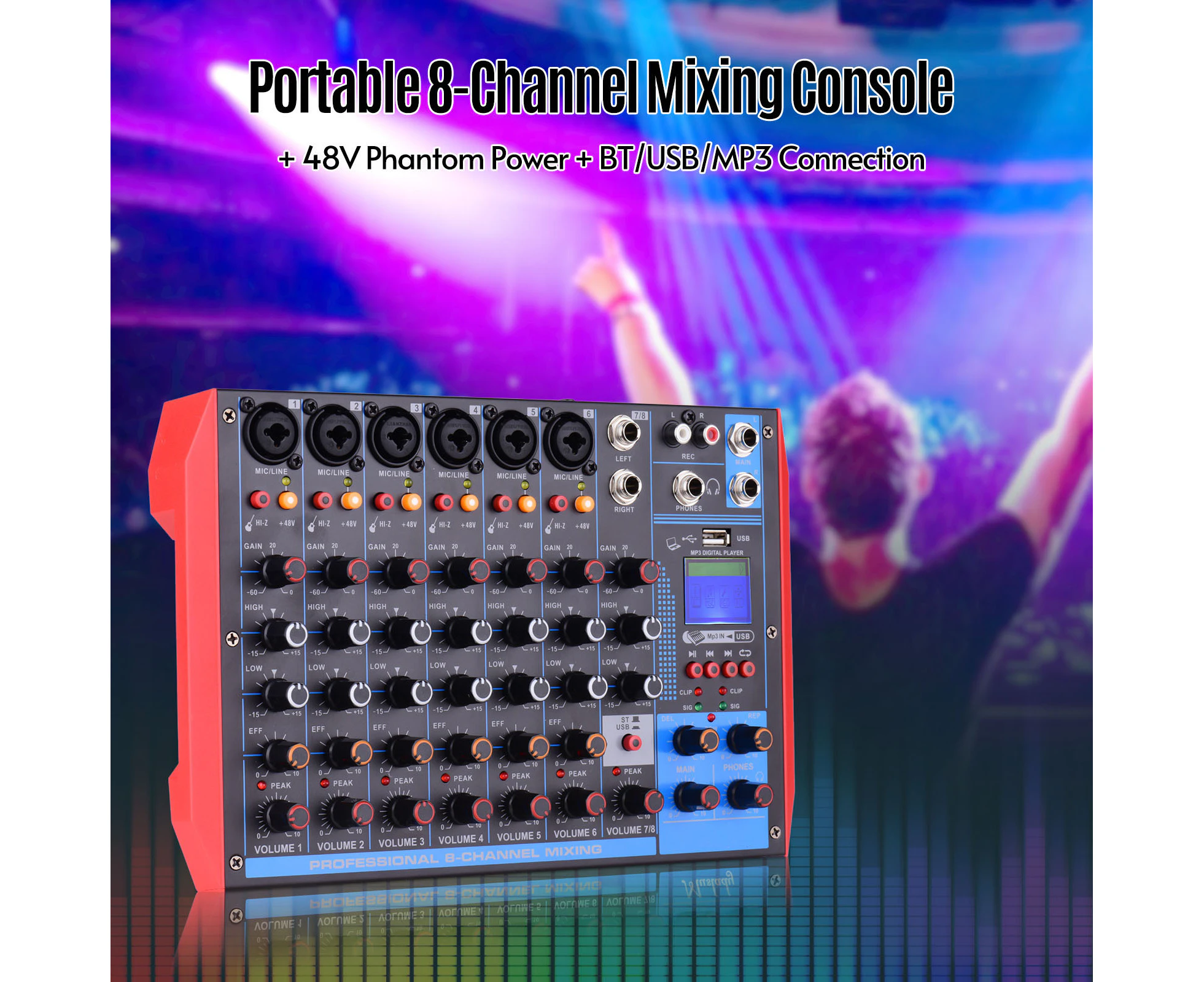 LOYOUTH Muslady AG-8 Portable 8-Channel Mixing Console Digital Audio Mixer +48V Phantom Power Supports BT/USB/MP3 Connection for Music Recording DJ