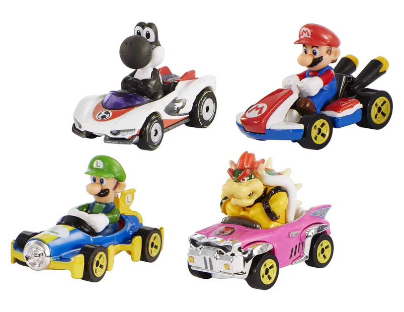 Hot Wheels Mario Kart Bundle - Race Into Action With Mario, Luigi, Bowser And An Exclusive Black Yoshi!