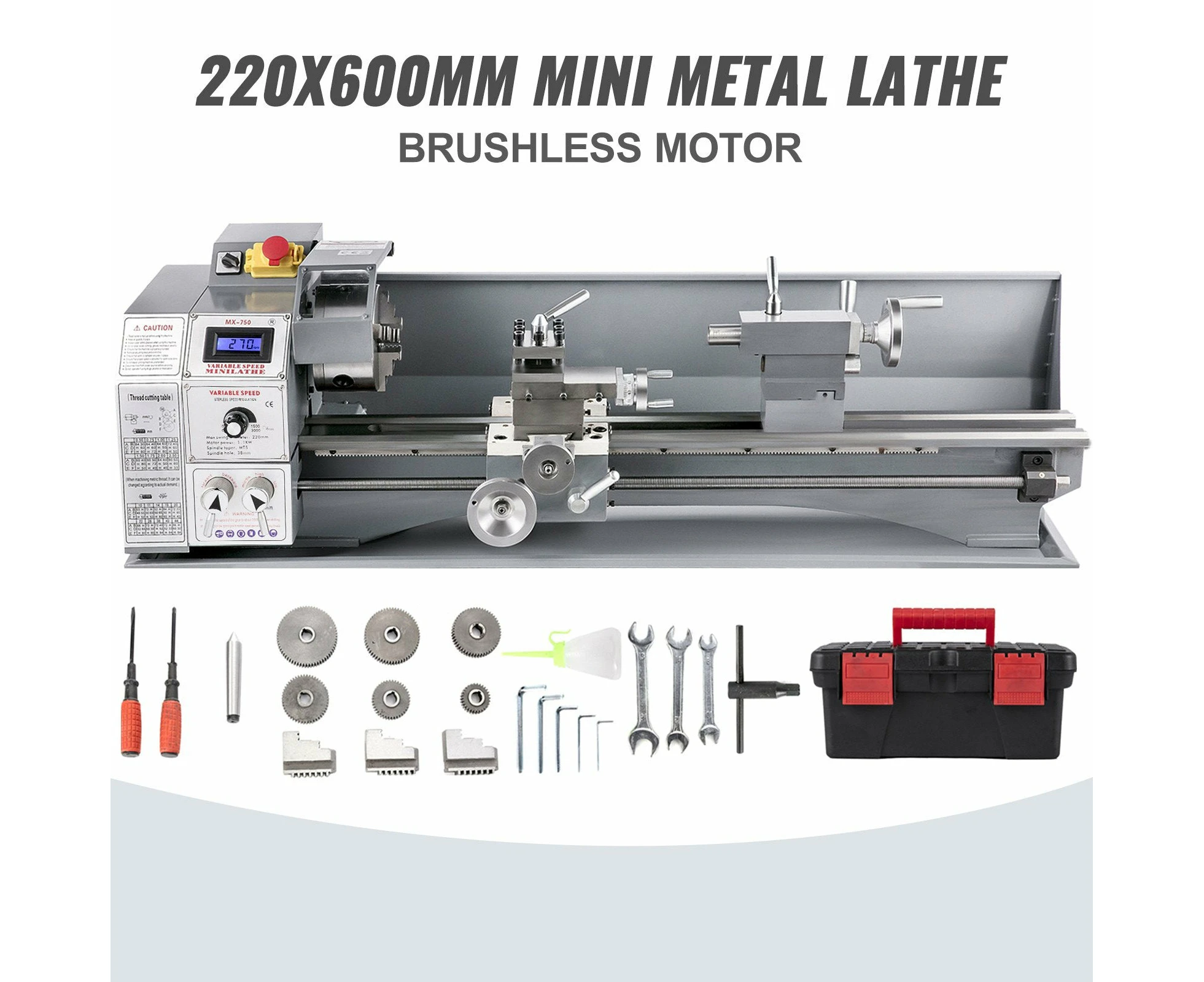 VEVOR Mini Metal Lathe Bench Top 220x600 1100W for Turning Brushless Motor Metal