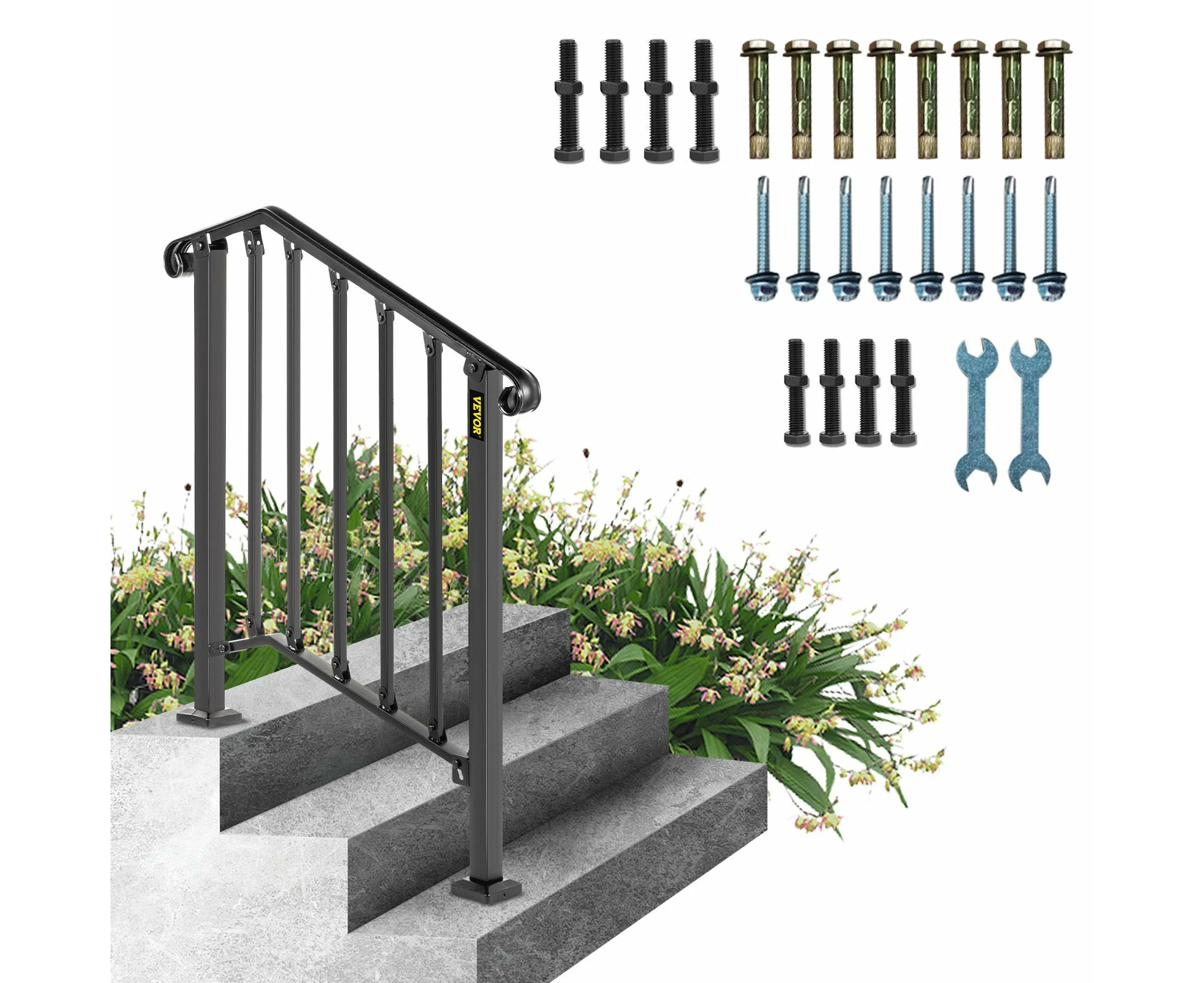 VEVOR Iron Step Handrail Outdoor Stairs 2 or 3 Steps Adjustable Black Handrail