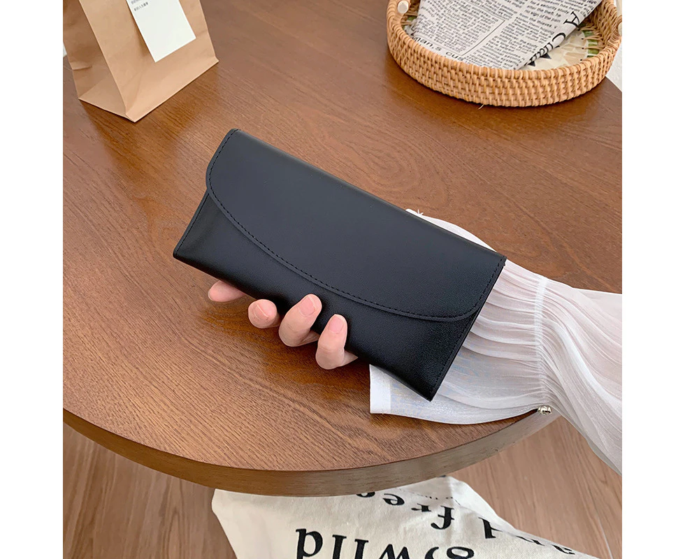 Ultra Slim Thin Pu Leather Women Wallet RFID Blocking Credit Card Holder Bifold Long Ladies Billfold-Black