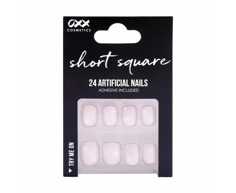 24 Pack Artificial Nails with Adhesive, Short Square Shape, Daisies - OXX Cosmetics