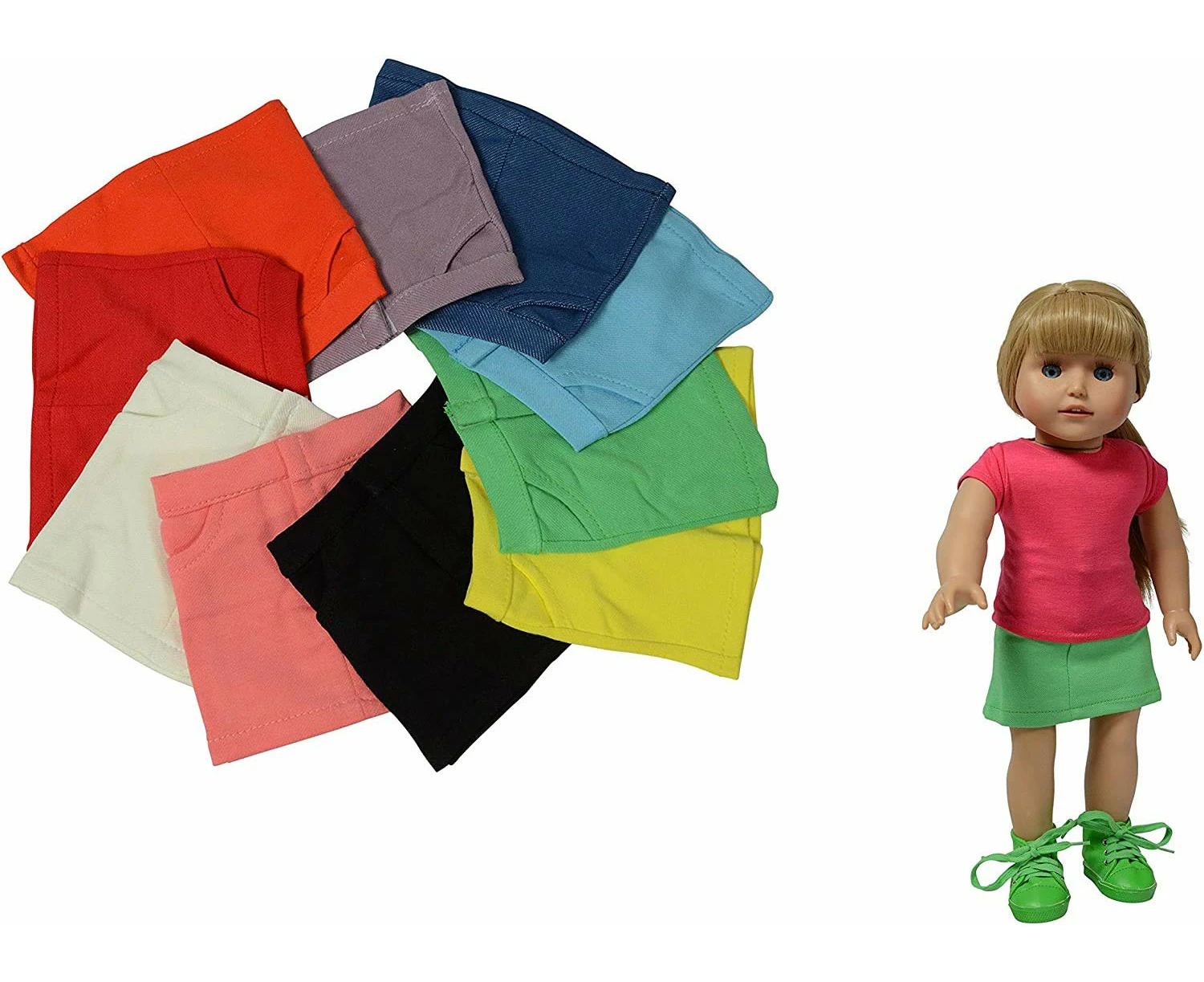 The New York Doll Collection Dolls Set of 6 Multicolour Skirts for Fashion Girl Dolls - Hot Pink, White, Denim, Turquoise, Tangerine, Red-Jeans - Fits All