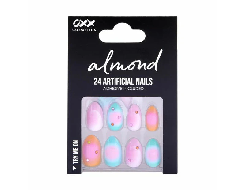 24 Pack Artificial Nails with Adhesive, Almond Shape, Aura Gems - OXX Cosmetics