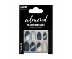 24 Pack Artificial Nails with Adhesive, Almond Shape, Black and Silver Glitter - OXX Cosmetics