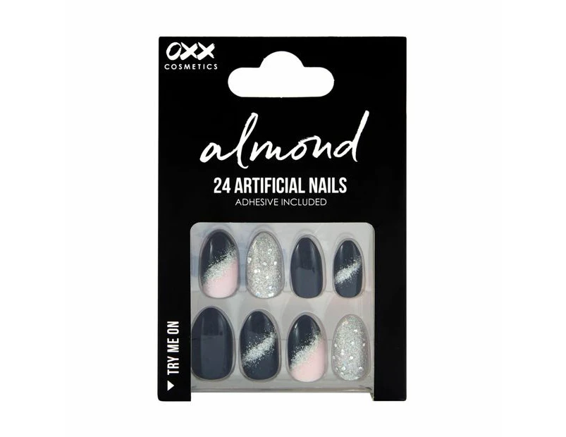 24 Pack Artificial Nails with Adhesive, Almond Shape, Black and Silver Glitter - OXX Cosmetics