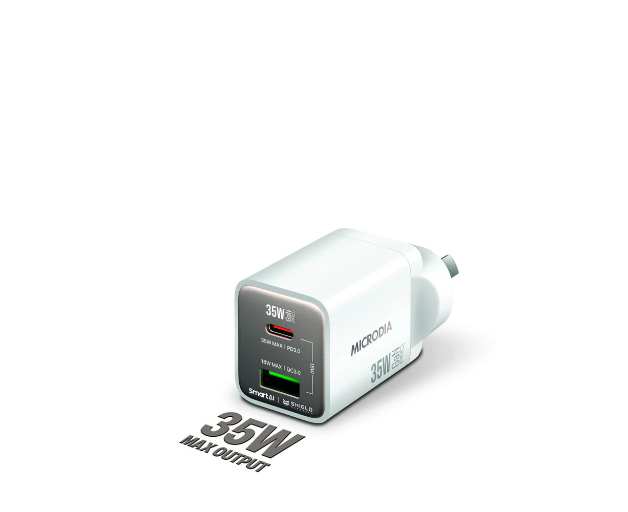 Microdia SmartCube Nano 35W Dual Port GaN Wall Charger Adapter Plug White