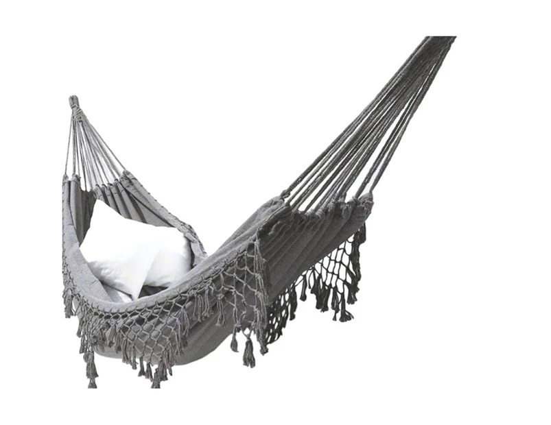 Boho Macrame Double Hammock Woven Tassels Canvas Beach Hanging Swing Bed Chair - Gray