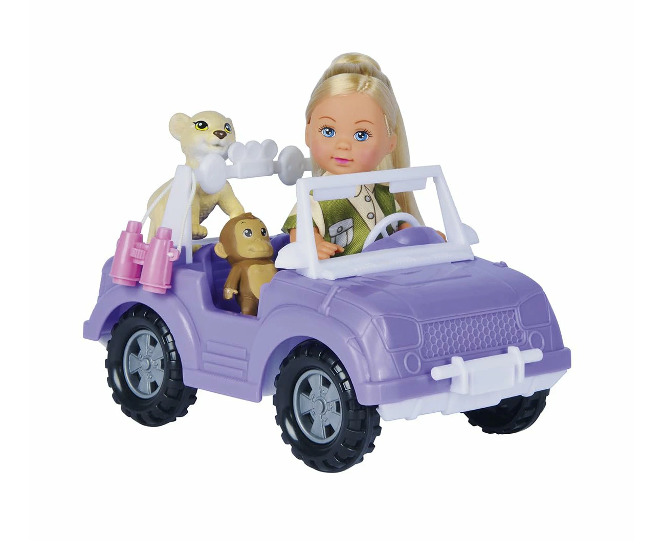 Simba 105733648 Evi Love Toy Doll in Cute Safari Outfit with Cool Jeep, Backpack, Baby Monkey, Lion, Binoculars, 12 cm, from 3 Years