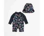 Family Matching Baby Long Sleeve Swim Unitard and Hat 2 Piece Set Suit - Warlukurlangu Print