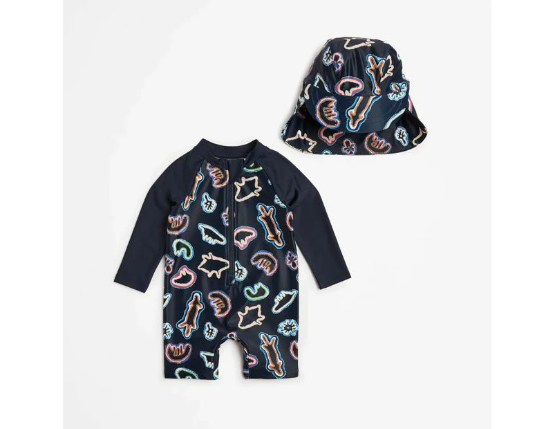 Family Matching Baby Long Sleeve Swim Unitard and Hat 2 Piece Set Suit - Warlukurlangu Print