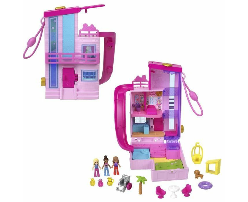 Polly Pocket Barbie Dreamhouse Compact Dollhouse Playset with 3 Micro Dolls, Puppy, Elevator, Pool, and 11 Accessories - Perfect Gift for Imaginative Play