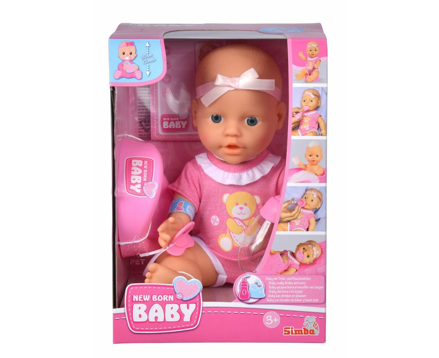 Simba 105030069 New Born Baby Doll, Full Vinyl Doll with Drinking and Wet Function, with Birth Certificate and Accessories, 4 Pieces, 30 cm, Baby Doll, fro