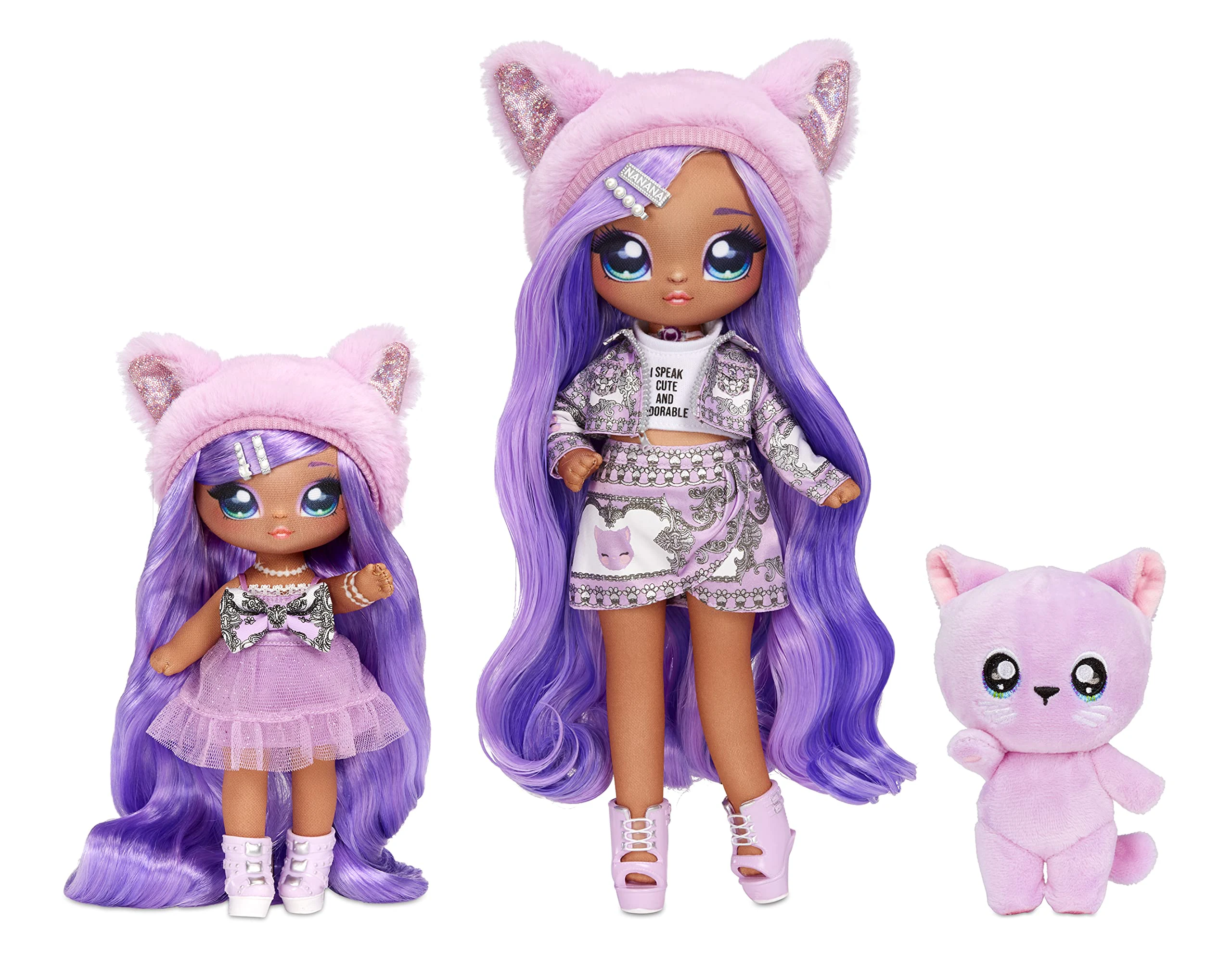 Na! Na! Na! Surprise 575962EUC belle Family Soft Set of 3 with 2 Fashion 1 Toys for Kids-Lavender Kitty with Long Hair Dolls, 12 Removable Accessories and