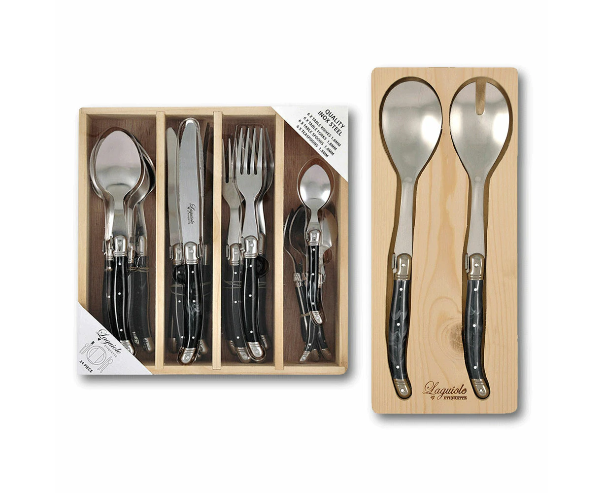 Laguiole Etiquette Cutlery w/ Matching Salad Serving Kitchen Set Marble Black