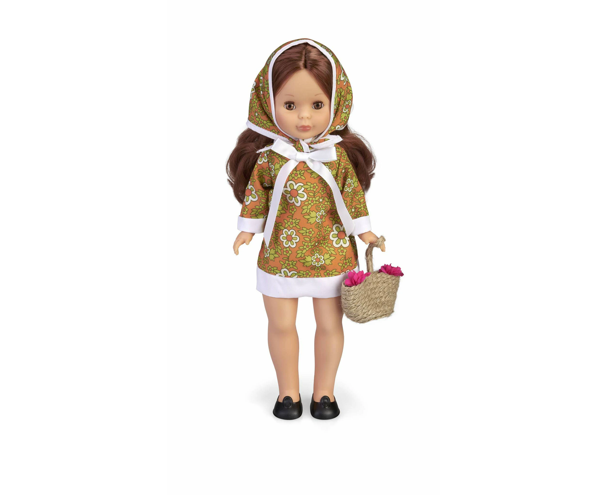 Nancy - Spring 70s Collection, 2020 reissue doll with matching dress and scarf including basket with flowers for children and collectors (Famous 700015704)