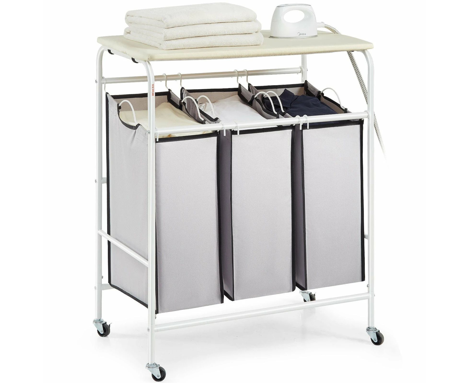 VEVOR 3-Section Laundry Sorter Cart with Ironing Board, Laundry Hamper with Heavy