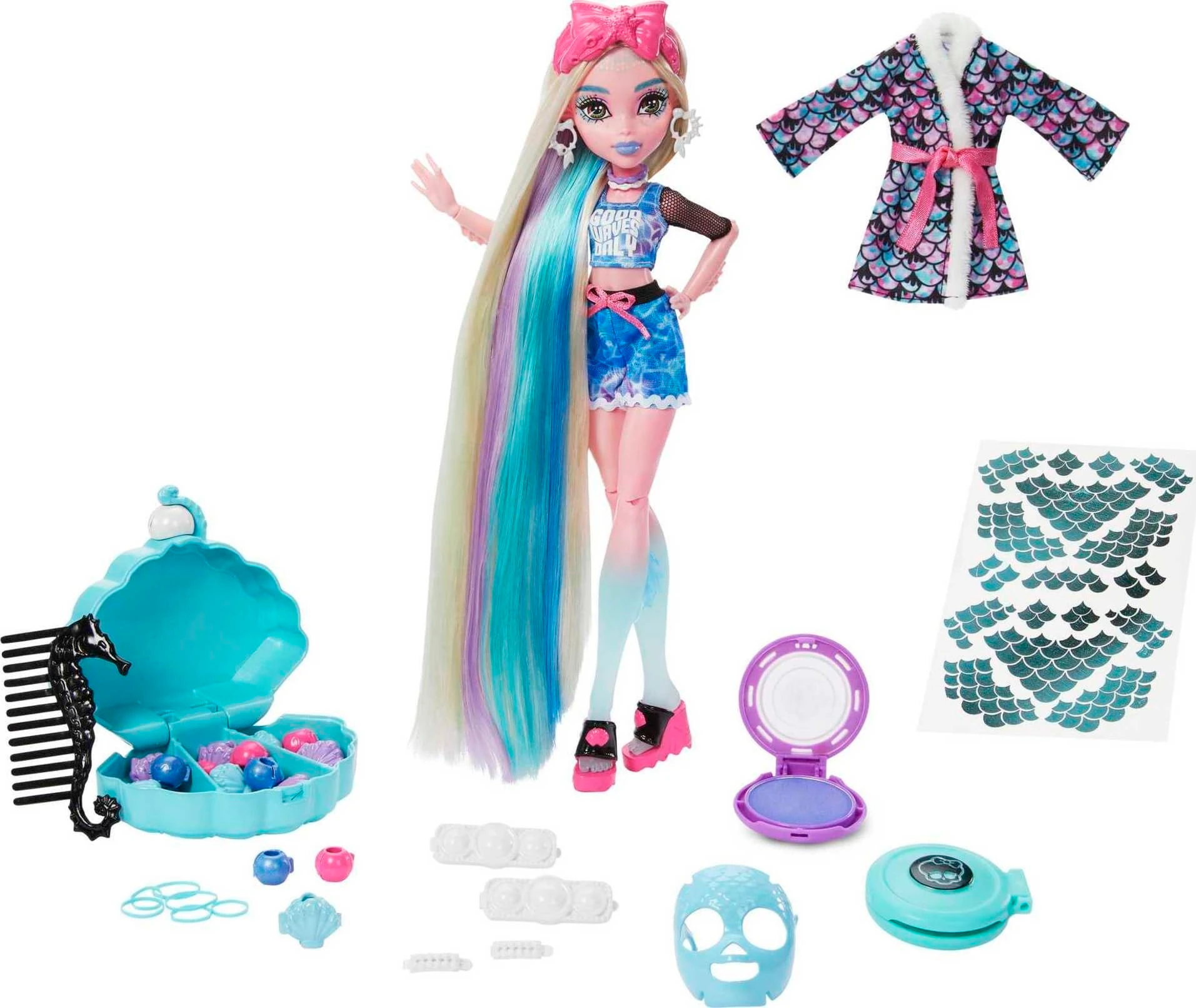 Monster High Doll, Lagoona Blue Spa Day Set with Wear and Share Accessories Like Hair Clips, Hair Chalk and Tattoos (HKY69)