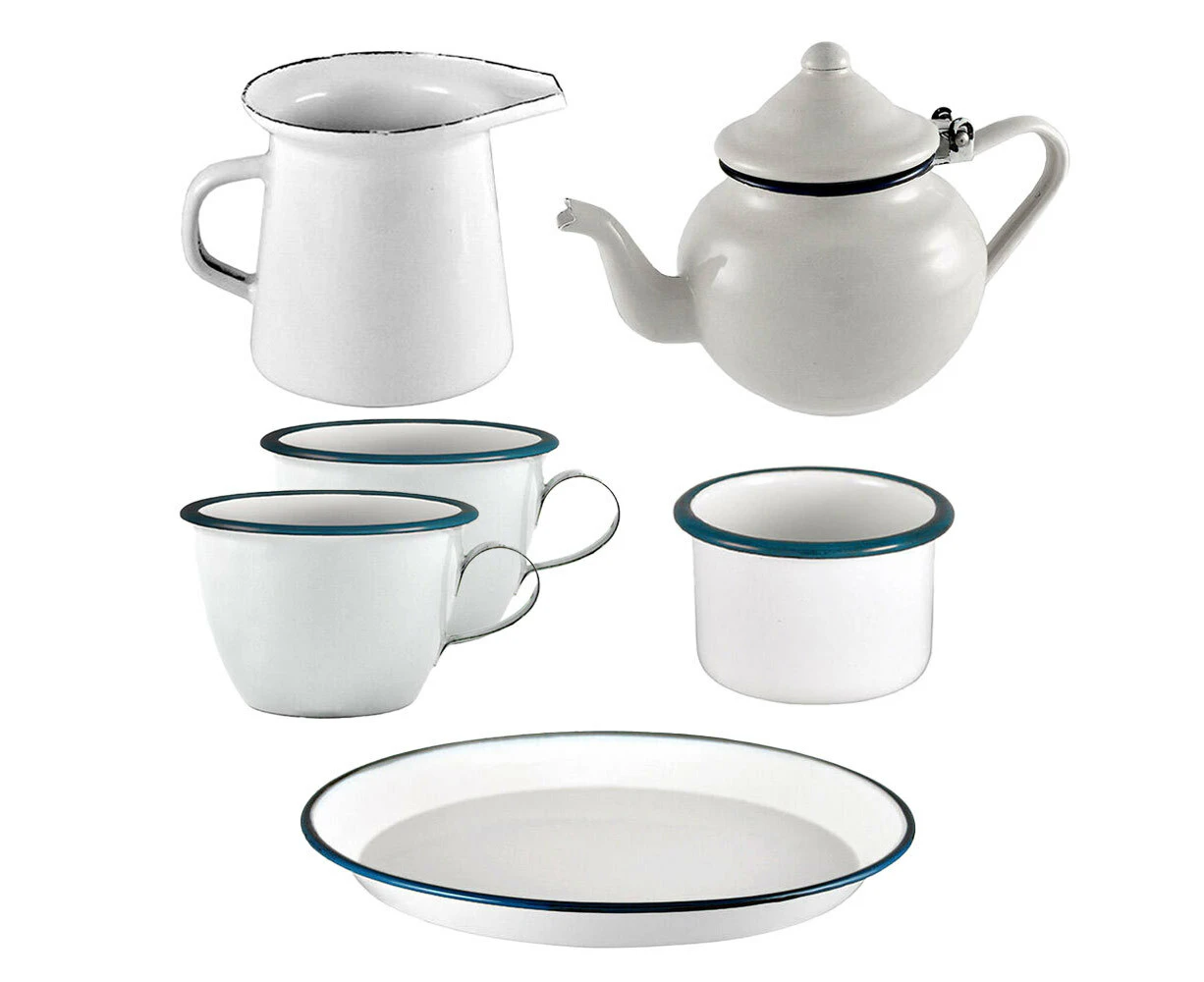 6pc Urban Style Enamel Classic/Vintage Tea Dining Kitchen Serving Set White