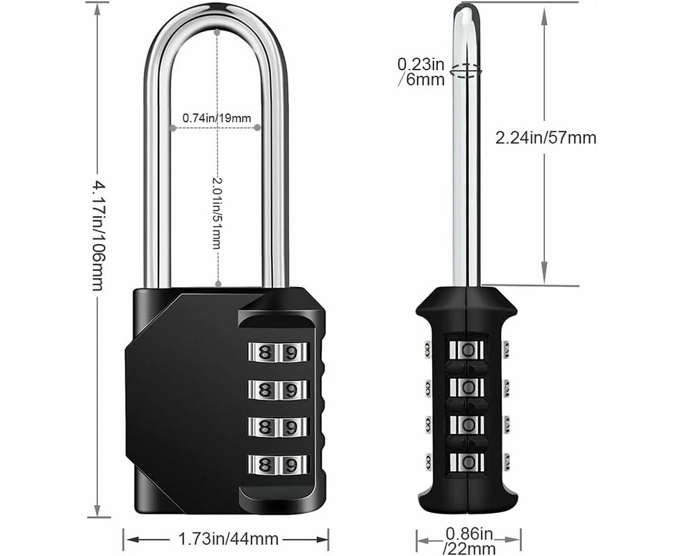 Long handle code padlock for exterior gate, garden shed, 4 digits large Long combination padlock for sports, college, school locker, Black combination lock